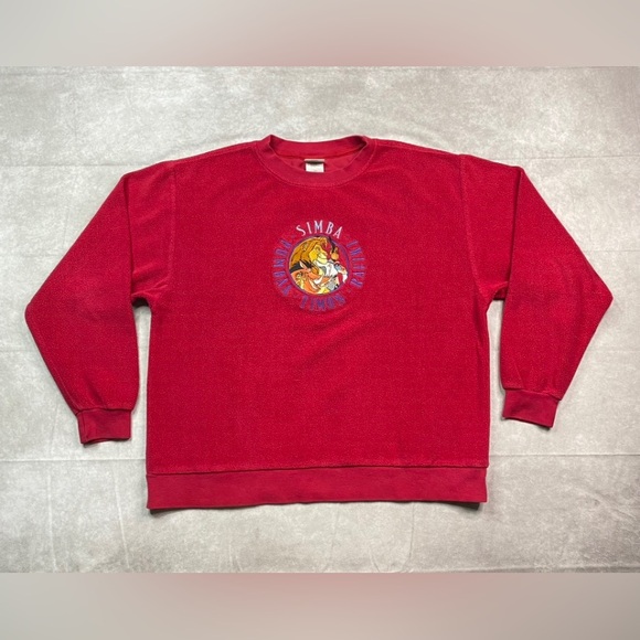 Vintage Disney Lion King Sweater Adult M Red 90s Disney Store Fleece Pullover - Picture 1 of 15